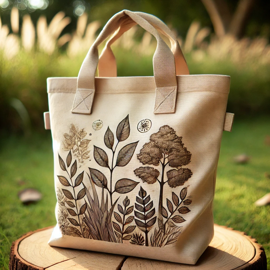 DALL·E 2024-09-22 21.08.30 - A rugged, eco-friendly canvas bag with a natural beige color, featuring sturdy handles and a stylish, nature-inspired print on the front. The print co