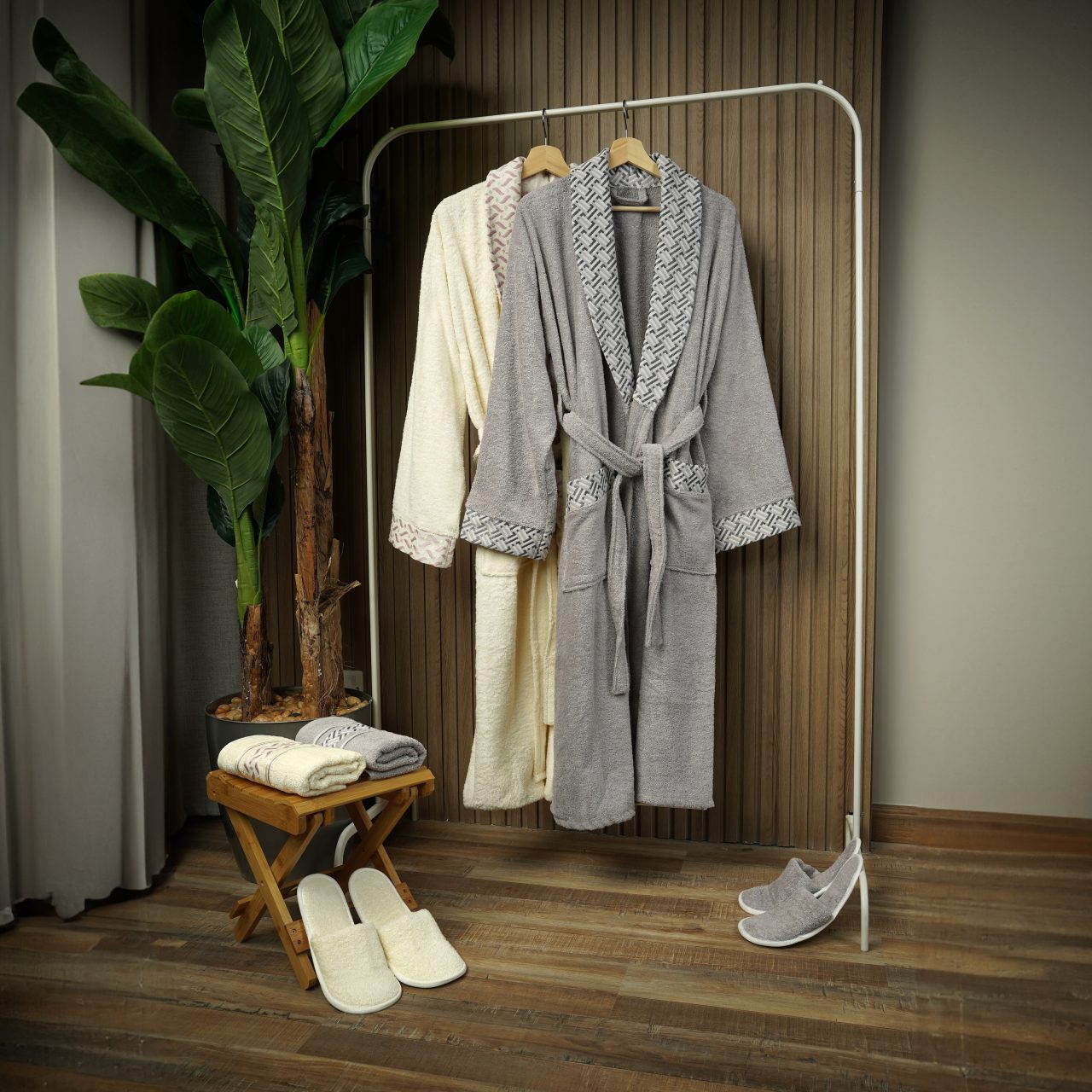 Bathrobe,Set,-,Hanger,With,Clean,Bathrobe,And,Towel,On
